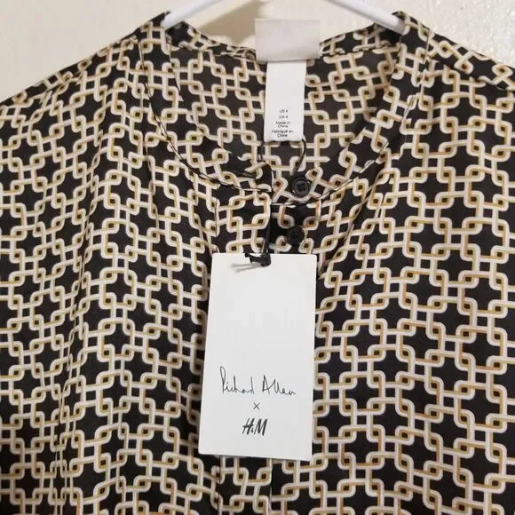 H&M X Richard Allen Shirt Womens Size 4 Printed Retro Long Sleeve Black Gold NWT - Picture 4 of 5